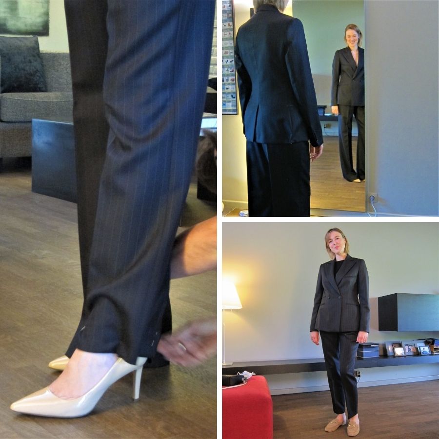maatpak vrouwen - donkerblauw krijtstrepen winterpak, klant wenst brede broek te versmallen - voor en na beeld