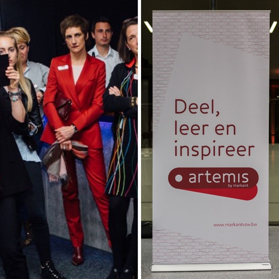 maatpak dames - rood tweedelig maatpak tijdens een event van business damesnetwerk Artemis met ook rood als huisstijlkleur - met smalle broek